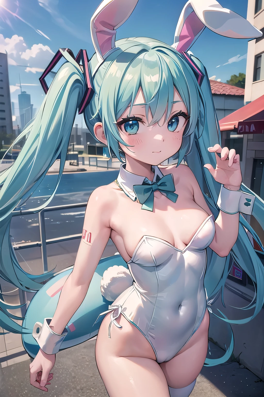 (8K, RAW photography, Best Quality, masterpiece: 1.2), high-definition RAW color photography, Professional Photography, Cinematic Light, (miku:1.5), (animesque:1.2), (bunny costume:1.5), (doing a split:1.0), (on a pole:0.8), handcuffs:1.3, sexy pose, slender body, (detailed face and eyes:1.3), beautiful eyes, long eyelashes, detailed handcuffs, split position, Miku character, ((split in two: 1.0)), urban setting, pole attached to a building, high-quality