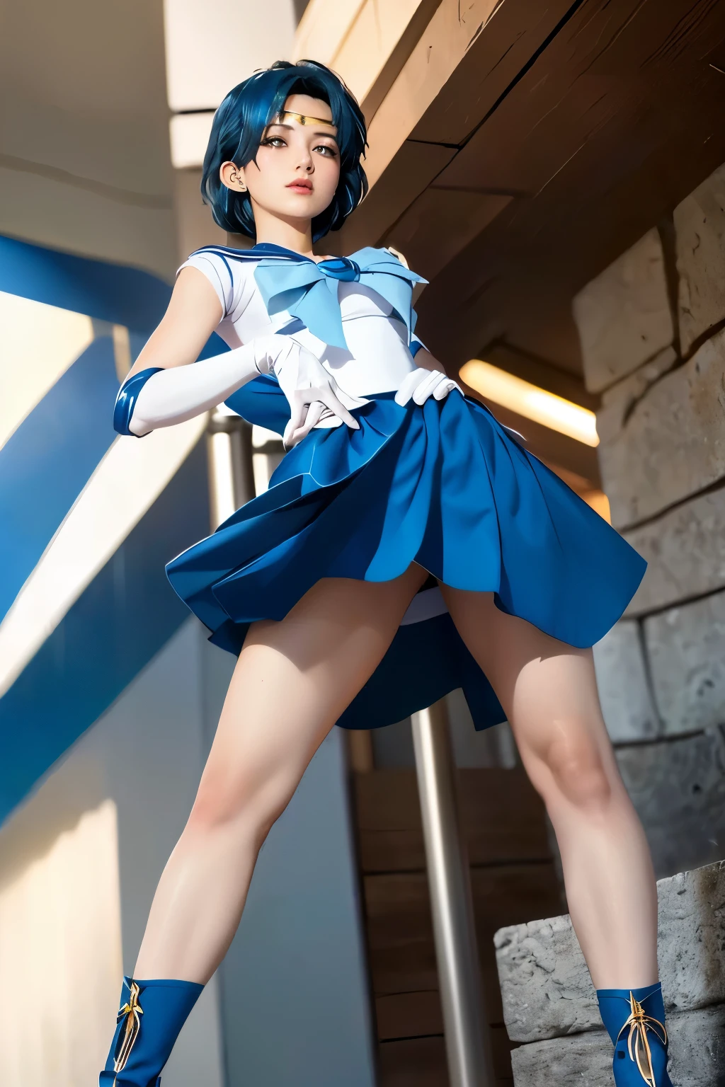 highest quality，masterpiece，Ultra-high resolution, Very detailed, 8k，(Beautiful woman), (Sailor Mercury, Sailor Mercuryのコスチューム, Blue Hair)