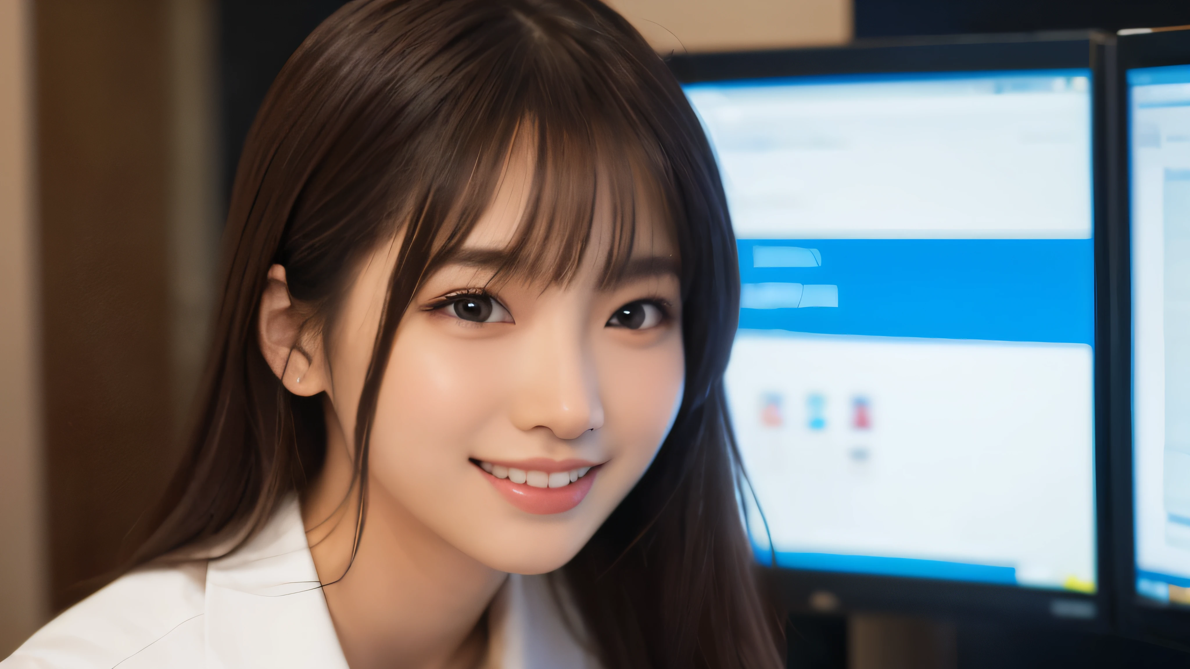 (Realistic: 1.4), (highest quality: 1.4), (Fine grain), Full body shot, ((White background)), ((Looking at a computer)), ((One young woman)), Black wavy hair, ((suit)), Wide eyes, Blushed face, ((smile)), ((Operating a computer)), Highly detailed face and skin texture, Healthy Skin, 8k resolution