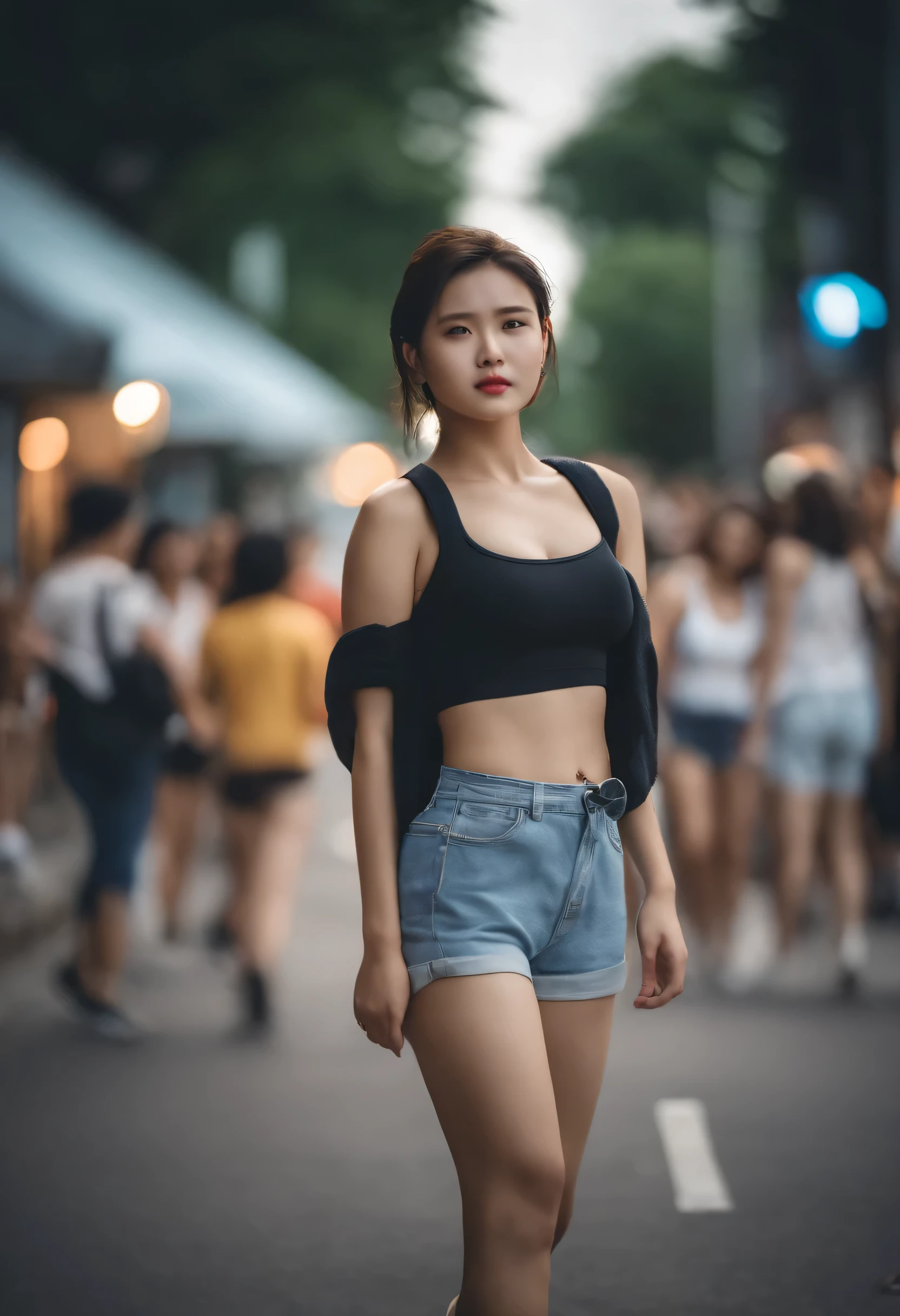 girl, Korean girl wearing sport shorts, crop top, big breast, street, crowded people, emphasis thighs, bokeh, realistic lighting, realistic photo, cinematic color grading, 8k high quality photo, ultra high quality