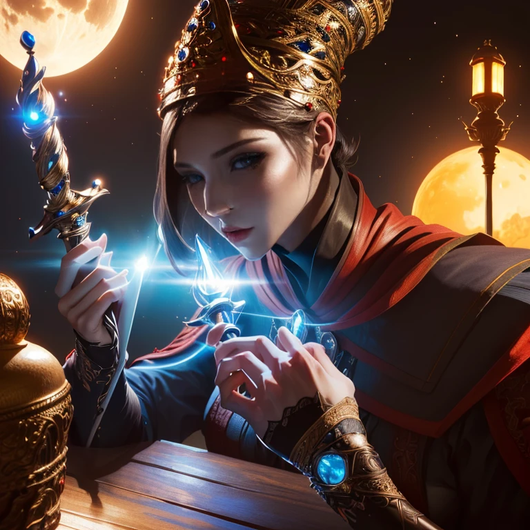 Rennala - Elden Ring,  short black hair, blue eyes, sitting at a table, hands holding staff, ig model | artgerm, extremely detailed artgerm, hyperrealistic fantasy art, artwork in the style of guweiz, artgerm and wlop, wlop and artgerm, alena aenami and artgerm, artgerm. anime illustration, dark moody atmosphere, moon in the background, outside, nighttime, stars, lake view