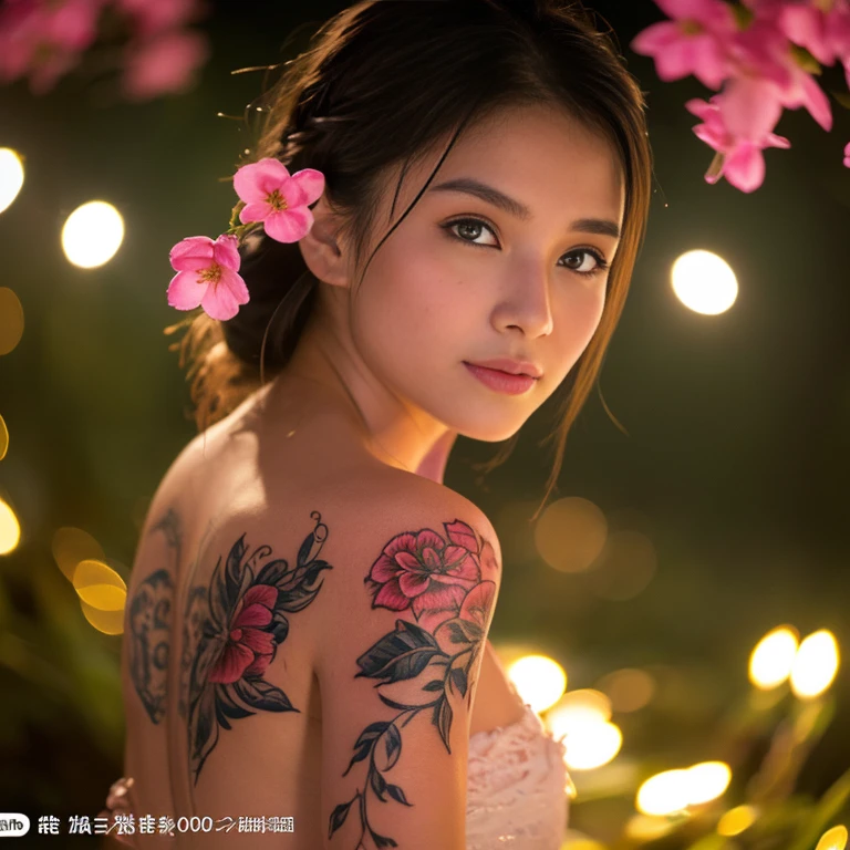 ((best quality, 8k,, Clear face focus :,White tattoo 25 years.perfect body beauty:1.4. In front of the camera. More intimate ,  In the heart of the community There are red, yellow, pink flowers.,around,) In the evening, at night, colorful lights shine bright. ) Full Body°, Highly detailed faces and textures, Detailed eyes,  alone, Realistic photos:1.37 .. The fine texture of the tattooed skin.. hand tattoo. breasts tattoo , Shot with a high quality Fuji camera., Color light 45.,000,000 pixels ,)) Too realistic,) 