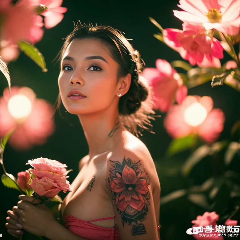 ((best quality, 8k,, Clear face focus :,White tattoo 25 years.perfect body beauty:1.4. In front of the camera. More intimate , In the heart of the community There are red, yellow, pink flowers.,around,) In the evening, at night, colorful lights shine bright. ) Full Body°, Highly detailed faces and textures, Detailed eyes, alone, Realistic photos:1.37 .. The fine texture of the tattooed skin.. hand tattoo. breasts tattoo , Shot with a high quality Fuji camera., Color light 45.,000,000 pixels ,)) Too realistic,)