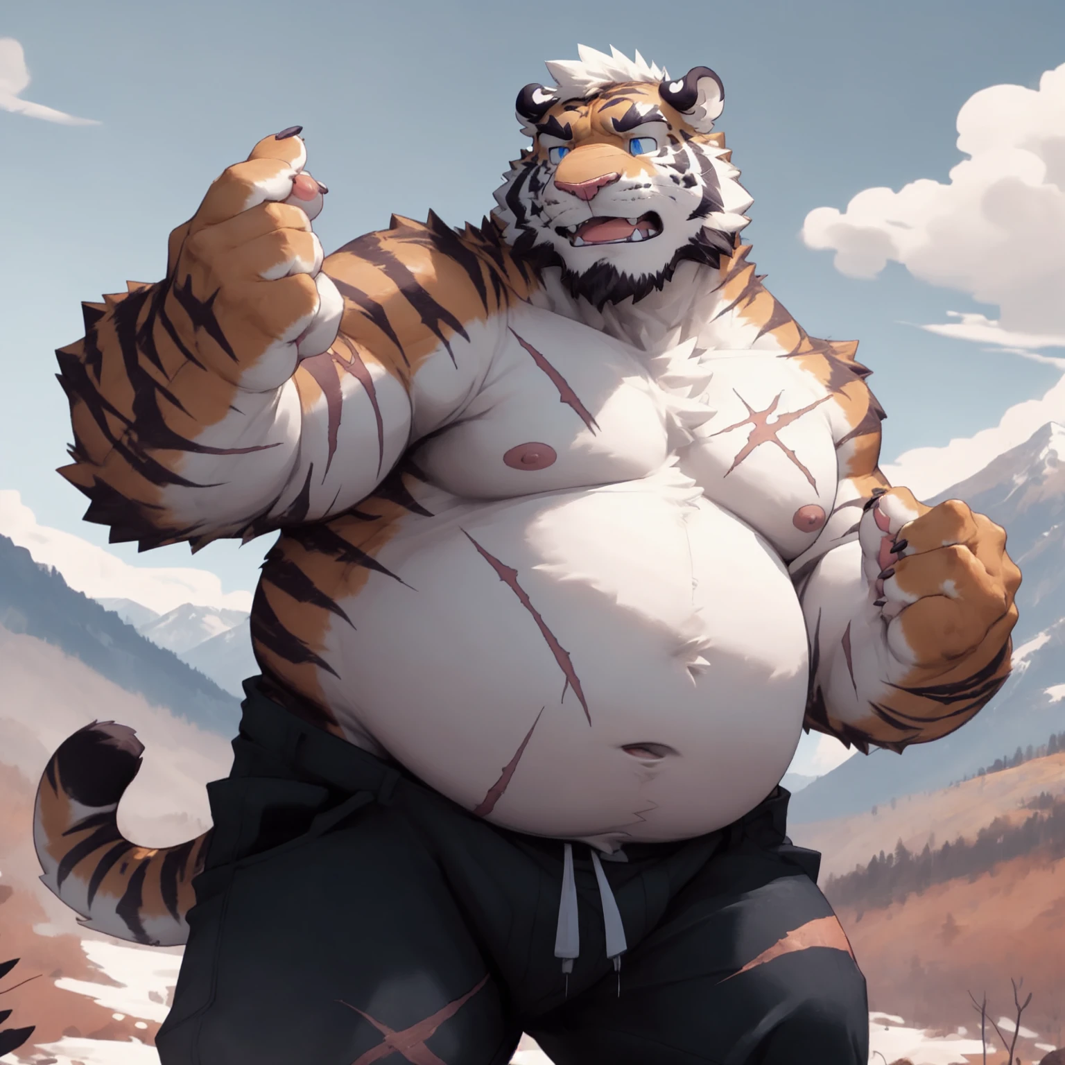 New Jersey 5 Furry,Tiger，portrait，Exquisite， Chubby，Fat，Thick arms，Rugged muscles，Topless，plush fur，Chubby脸，Black eyebrows，Sky blue eyes，Beard，Mountains，Scars on the body，Rough Pants，Mountain Man，confidence