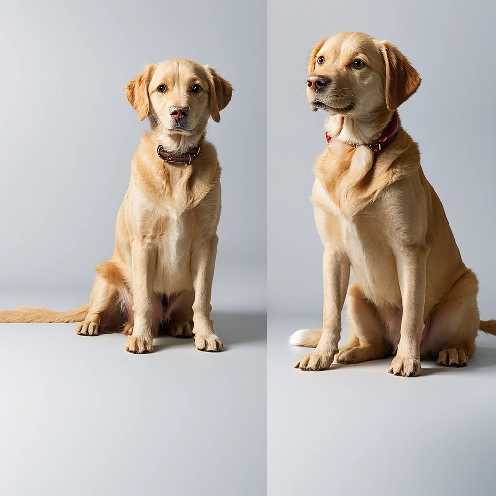 White background, Golden retriever sitting facing forward, (human:-2), fullbody