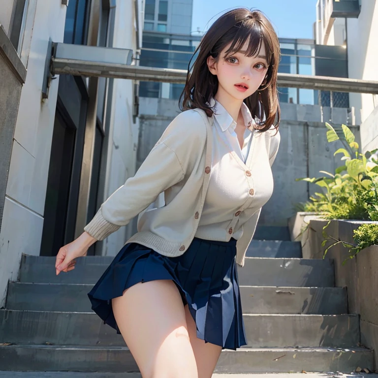 (masterpiece:1.2, top quality), (realistic, photorealistic:1.4), beautiful picture, (natural side lighting, movie lights), ((from behind, ((from below)), looking again)), 1 girl, Japanese, High school girls, perfect face, cute and symmetrical face, glowing skin, (medium hair:1.8, straight hair:1.7, brown hair), asymmetrical bangs, golden eyes, (big bust:1.1, thick thighs), beautiful hair, beautiful face, beautiful and delicate eyes, beautiful collarbone, beautiful body, beautiful breasts, beautiful thighs, beautiful bridge, ((light blue collared shirt, Navy pleated mini skirt, socks, navy that, light brown cardigan, white thighs)), pink panties, (beautiful scenery), dinner, school stairs, ((Ahegao, embarrassing, scary, dehisce)), View looking up from the bottom of the stairs,