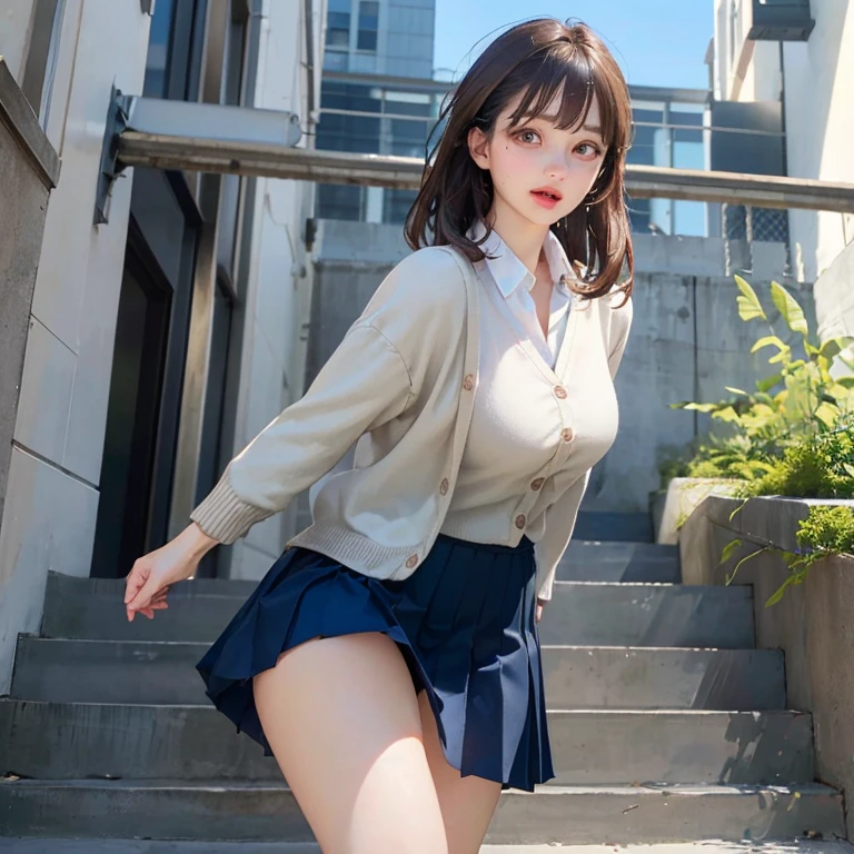 (masterpiece:1.2, top quality), (realistic, photorealistic:1.4), beautiful picture, (natural side lighting, movie lights), ((from behind, ((from below)), looking again)), 1 girl, Japanese, High school girls, perfect face, cute and symmetrical face, glowing skin, (medium hair:1.8, straight hair:1.7, brown hair), asymmetrical bangs, golden eyes, (big bust:1.1, thick thighs), beautiful hair, beautiful face, beautiful and delicate eyes, beautiful collarbone, beautiful body, beautiful breasts, beautiful thighs, beautiful bridge, ((light blue collared shirt, Navy pleated mini skirt, socks, navy that, light brown cardigan, white thighs)), pink panties, (beautiful scenery), dinner, school stairs, ((Ahegao, embarrassing, scary, dehisce)), View looking up from the bottom of the stairs,