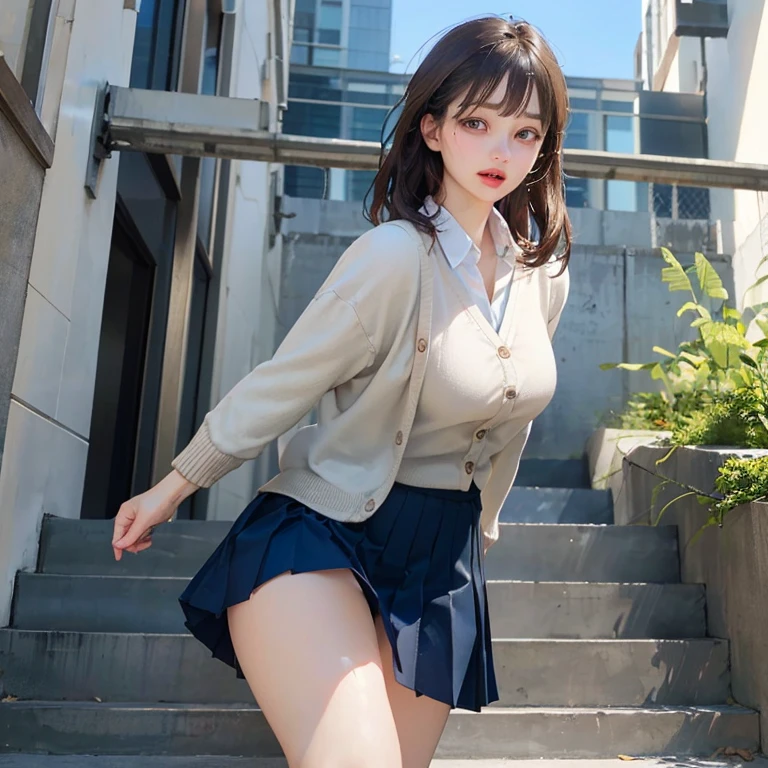 (masterpiece:1.2, top quality), (realistic, photorealistic:1.4), beautiful picture, (natural side lighting, movie lights), ((from behind, ((from below)), looking again)), 1 girl, Japanese, High school girls, perfect face, cute and symmetrical face, glowing skin, (medium hair:1.8, straight hair:1.7, brown hair), asymmetrical bangs, golden eyes, (big bust:1.1, thick thighs), beautiful hair, beautiful face, beautiful and delicate eyes, beautiful collarbone, beautiful body, beautiful breasts, beautiful thighs, beautiful bridge, ((light blue collared shirt, Navy pleated mini skirt, socks, navy that, light brown cardigan, white thighs)), pink panties, (beautiful scenery), dinner, school stairs, ((Ahegao, embarrassing, scary, dehisce)), View looking up from the bottom of the stairs,