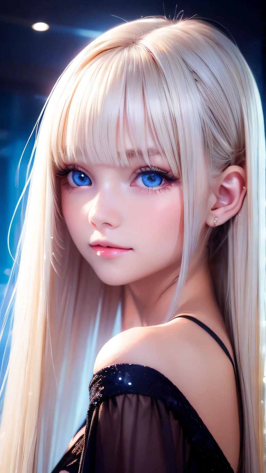 Portrait、、Bright expression、ponytail、Young, lustrous, glowing, white skin、The best beauty、Blonde reflection、Platinum blonde hair with dazzling highlights、Shiny bright hair,、Super long silky straight hair、Shiny beautiful bangs、Bright, clear, attractive, large blue eyes、Very beautiful lovely cute 16 year old girl、Ample Bust