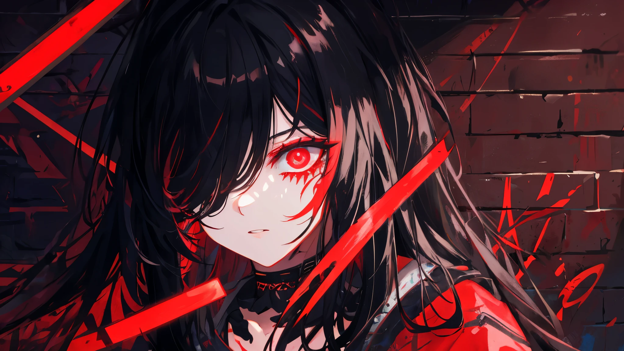 best quality, intricate details, chromatic aberration,
1girl, long hair, black hair, messy hair, red highlights, hair over one eye, red eyes, sharp eyes,
choker, neon shirt, torn legwear, open jacket,
against wall, brick wall, graffiti, glowing grafiti, glowing tattoos, glow, neon lights,
blacklight,