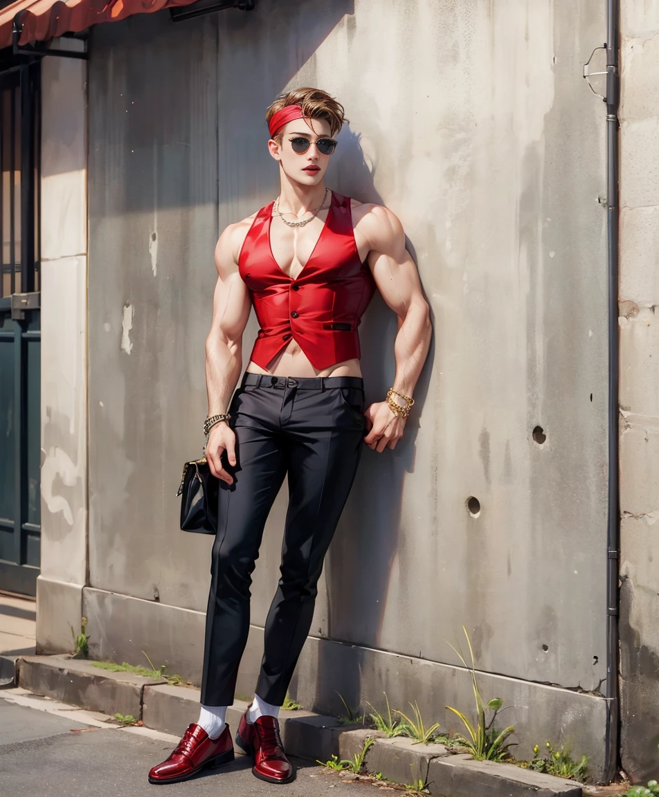 HD quality, high definition,male 18 years old handsome, muscular and slim, red lips, leaning against a wall on street, naked and wearing thong, model with bracelets, earrings and Necklace, wearing head band and sunglasses, open vest, full sexy body, wearing socks