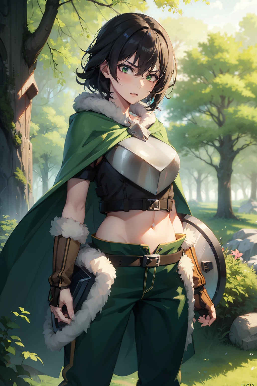 (masterpiece), best quality, expressive eyes, perfect face, highres, 1 girl, solo, (female body:1.3), iwatani naofumi girl , angry , black hair, green eyes, fur trim, armor, green cape, pants, fingerless gloves, outdoor , shield , forest, trees, standing, portrait, 