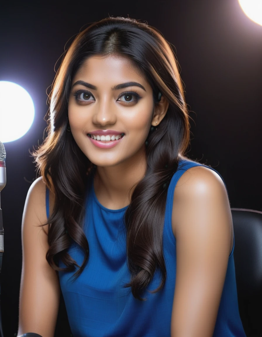 pravrajya suruchi, a 25 year old, whitish skin girl, oblong face, sitting in front of a camera, holding a mic, smiling, with big bright eyes, soft light, dslr