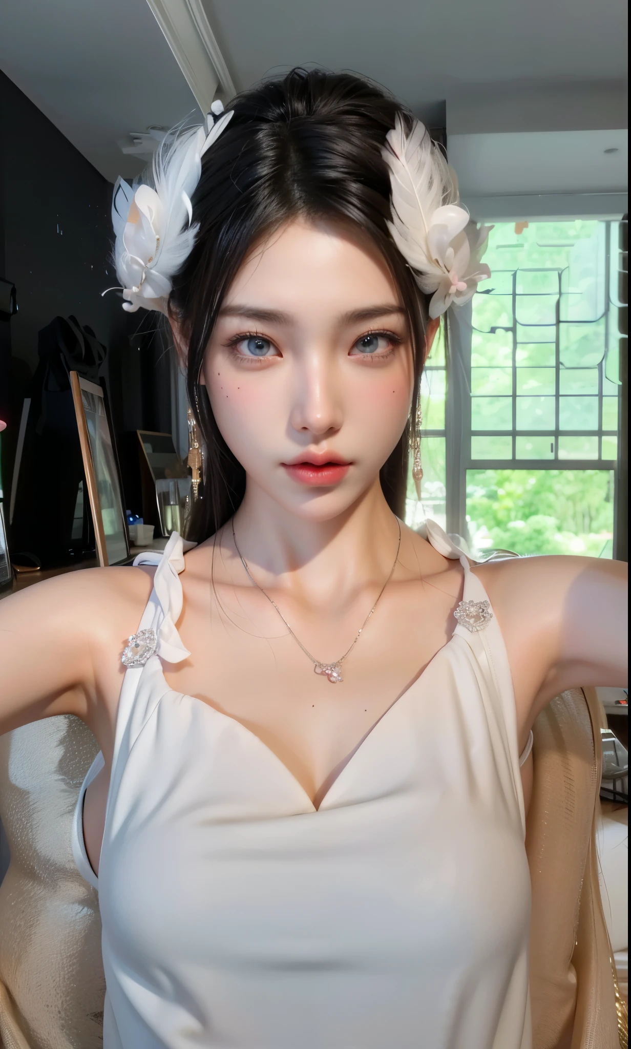 Game Art，Best image quality，Maximum resolution，8k，(A half-length photo)，(portrait)，(Head close-up)，(Rule of Thirds)，Unreal Engine 5 rendering works，20 year old girl，((Queen))，The eyes are very detailed，(Large Breasts)，Elegant and noble，Movie Lighting，Ray Tracing，Game CG，((3D Unreal Engine))，OC rendering reflection mode，4K，Ultra-clear，Sensual，Translucent lace，Fair and plump figure，Pretty Face，Glossy Gel Coat，身着华贵礼服的Queen，Crystal Gem Crown，Necklace jewelry，blue eyes，The tattoo is very three-dimensional，Gorgeous and intricate tattoo designs，Ultra-clear portrait，Sexy thick lips(Red lipstick)，White feather decoration on the head，sit on the chair，Open hands(Show your armpits)