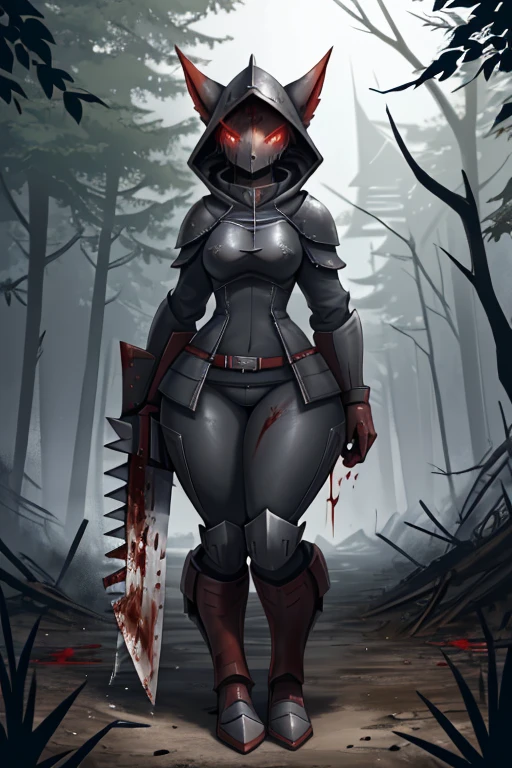 Female Furry cat+red eyes black hair with red-scarlet tips of hair tall, a little plump+ in (((black knight's armor))) and in ((Jacket))) face covered in blood face gloomy and serious, dead demons lie on the ground, anime, 
 spartan, solo, standing, helmet, armor, gloves, power armor, science fiction, wide hips, huge muscled furry,  в силовой броне sister of battle, warhammer 40k, aesthetics of the female body, Full-length front view,  (( in the forest and ore there is a huge tower)),  ((face drenched in blood face)) gloomy, ((ghost )) (skull, in military clothes),  ((absurdity, A high resolution, Ultra detailed, 1 girl,oversized hooded jacket,whole body, holding mechanical chainsaw))

