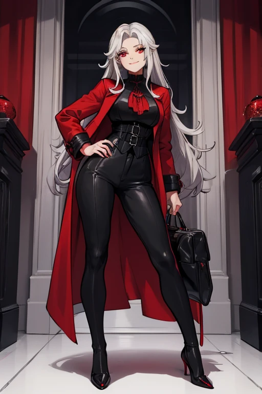 female, silver long hair with black highlights, red eyes, (((1girl))), (((red gothic coat))), (black shirt), (red pants), (black dress shoes), cute and sexy, full body, large breasts, large butt, long legs, smiling