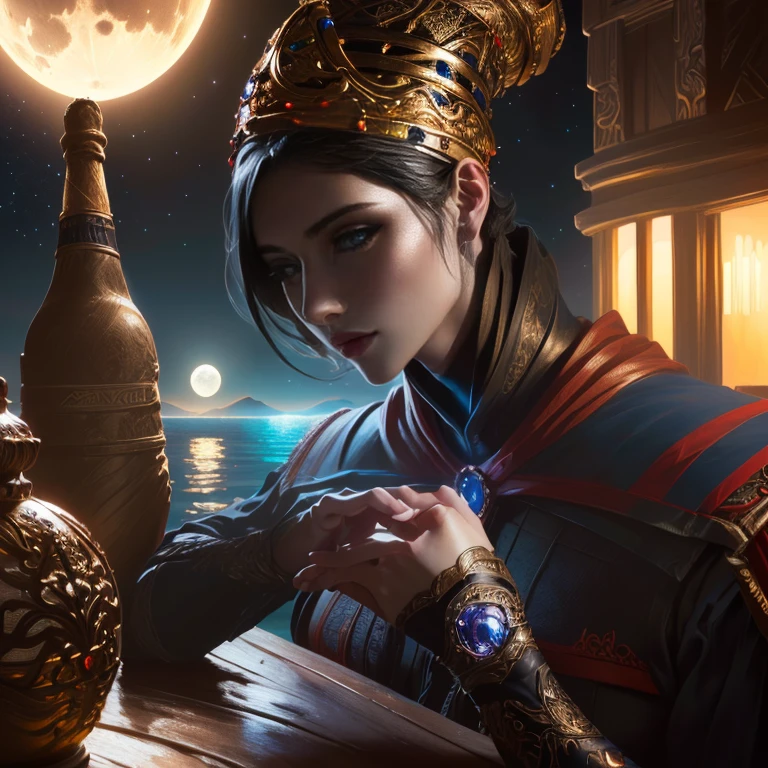 Rennala - Elden Ring,  short black hair, blue eyes, sitting at a table, perfect hands, ig model | artgerm, extremely detailed artgerm, hyperrealistic fantasy art, artwork in the style of guweiz, artgerm and wlop, wlop and artgerm, alena aenami and artgerm, artgerm. anime illustration, dark moody atmosphere, moon in the background, outside, nighttime, stars, lake view