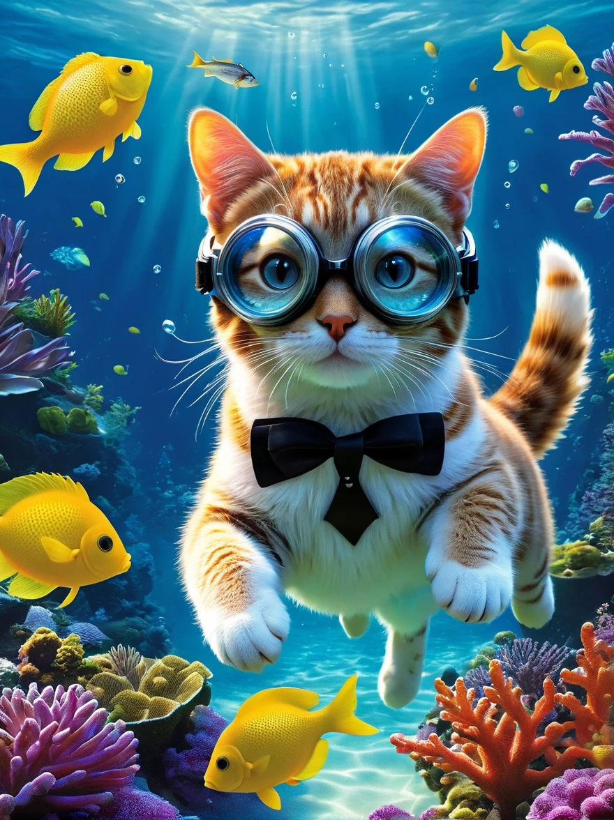 (personification), 一只穿着diving服的猫,Eyes wearing goggles,(diving:1.3),Fish are surrounding, peter henket, Humorous illustrations, andy catling, Lovely and detailed digital art, Very realistic