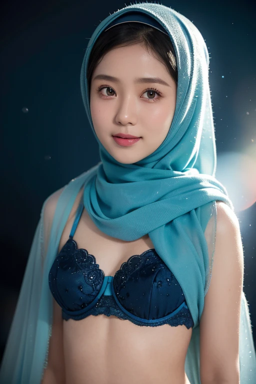 1 Javanese hijab girl, modern pom-pom hijab, shy, medium portrait, watery eyes, blue and red glowing particles, wearing pastel blue and red high-waisted panties and bra, blue bokeh light background, bright headlights, high quality, very detailed, 8k,smile and lovely look