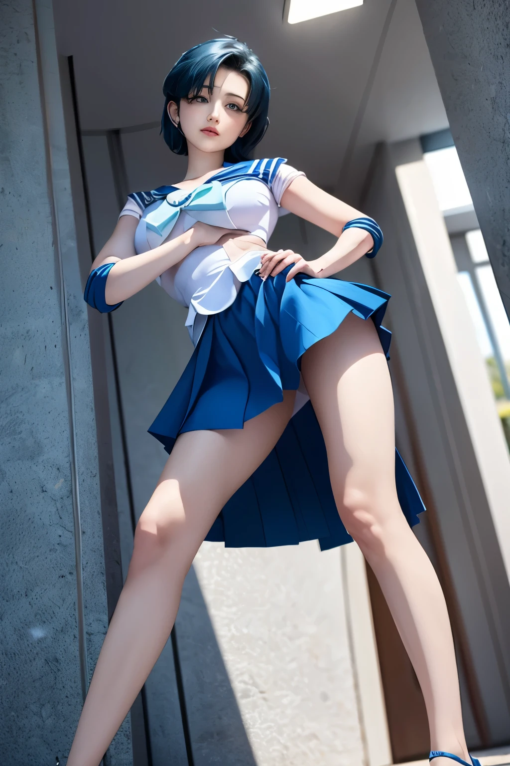 highest quality，masterpiece，Ultra-high resolution, Very detailed, 8k，(Sleepy face, Angle from below), (((Bend your knees and lower your hips))),  Leg spread，(Sailor Mercury, Sailor Mercuryのコスチューム, skirt, Big Breasts)