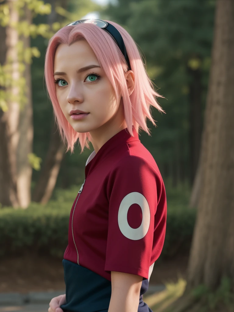 (best quality), high quality, very high resolution, (ultra detailed), 8k, (hyper realistic),Ray Tracing, One girl, haruno sakura in anime naruto, short hair, Pink Hair, Green Eyes, beautiful, Red clothes, Realistic clothes, Clothing Details, Outdoor Background, Super detailed, Realistic