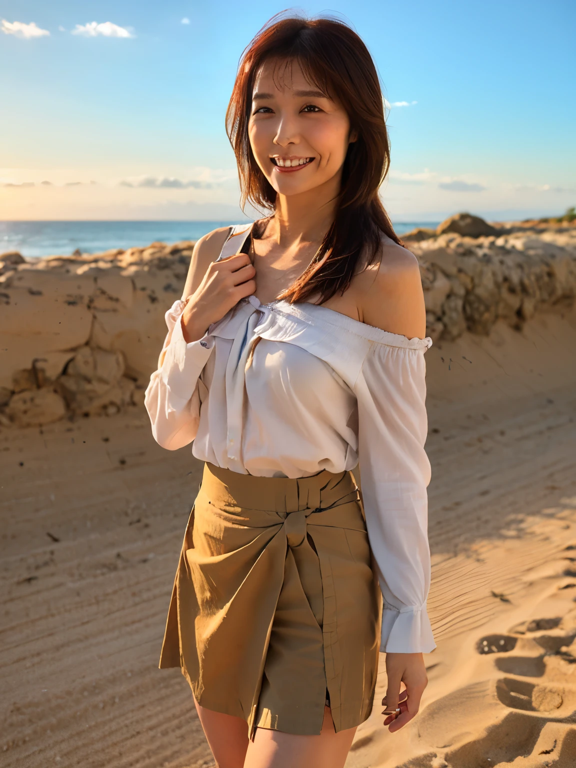 NSFW, ((highest quality)), ((8K)), ((masterpiece:1.3)), (perfect look), (photorealism:1.6), (sandy beach: 1.6), (Woman walking on the beach), (The sky dyed red by the sunset), (sunset on the ocean: 1.2), japanese woman, 47 years old, ((Realistic skin texture)), (Fine wrinkles throughout the skin: 1.3), (Dull skin: 1.1), (Skin without moisture: 1.2) , (Wrinkles on the face: 0.9), (Wrinkles on the corners of the eyes: 1.2), Double eyelids, tear bags on the lower eyelids, (Crying moles: 0.9), The eyes are looking here, serious gaze, (Dimples: 1.2), long hair, (long wavy hair), (hair falls over ears), smiling with the corners of the mouth raised, soft fabric off shoulder blouse, wide sleeves, Cuffs that fit your wrist, (The hem of the blouse is tucked into the skirt: 1.2), flare skirt, barefoot, hair fluttering in the wind, small breasts, (whole body: 1.4),
