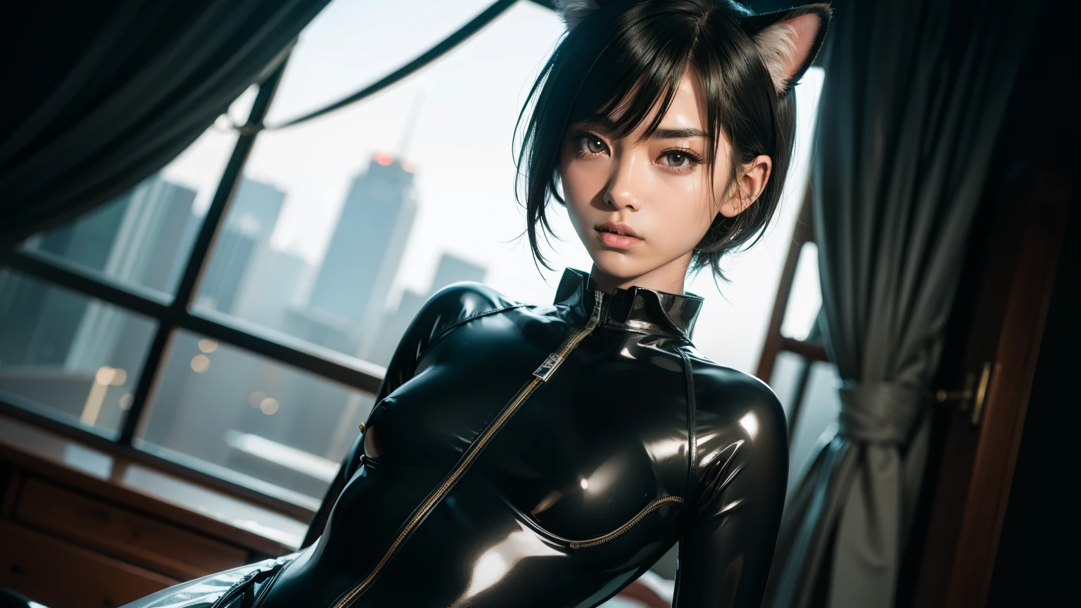 (8K, Raw photography, top-quality, masterpiece :1.3), (small skinny japanese girl in see through rubber suit, small perky breasts, small collar, cat ears, fear in her face :1.3), (beautiful detailed eyes, beautiful detailed lips, no lipstick, extremely detailed face, small hips :1.3), (pixie shaved hair cut :1.2)