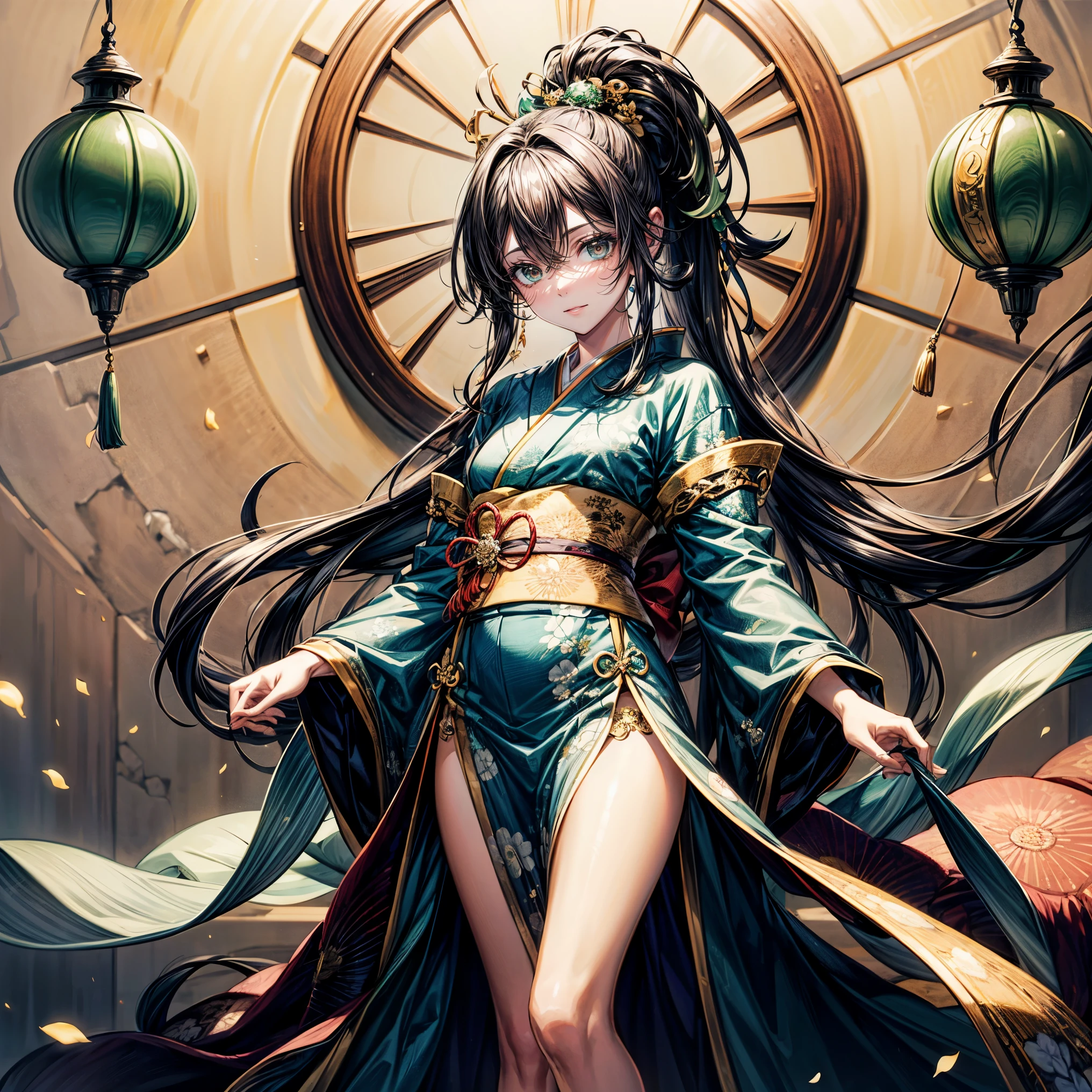 masterpiece,highest quality,Ultra high definition, Ono no Komachi, ancient Japanese court, graceful, elegant, kimono, deep jade green eyes, jet black hair, long flowing straight hair, golden hairpin, calm and pensive expression,Center parted haircut,hair parted in the middle,Deep jade green eyes, forehead,jade green eyes,smile, center parted ponytail, whole body, Half up haircut, stand up,jade green eyes