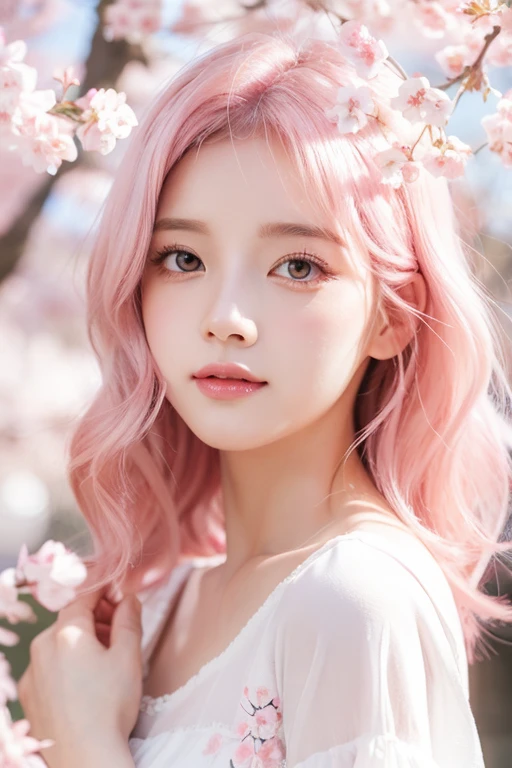 light pink hair, pink eyes, pink and white, cherry blossom leaves, bright colors, white dress, paint splashes, simple background, ray tracing, wavy hair