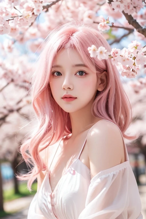 light pink hair, pink eyes, pink and white, cherry blossom leaves, bright colors, white dress, paint splashes, simple background, ray tracing, wavy hair
