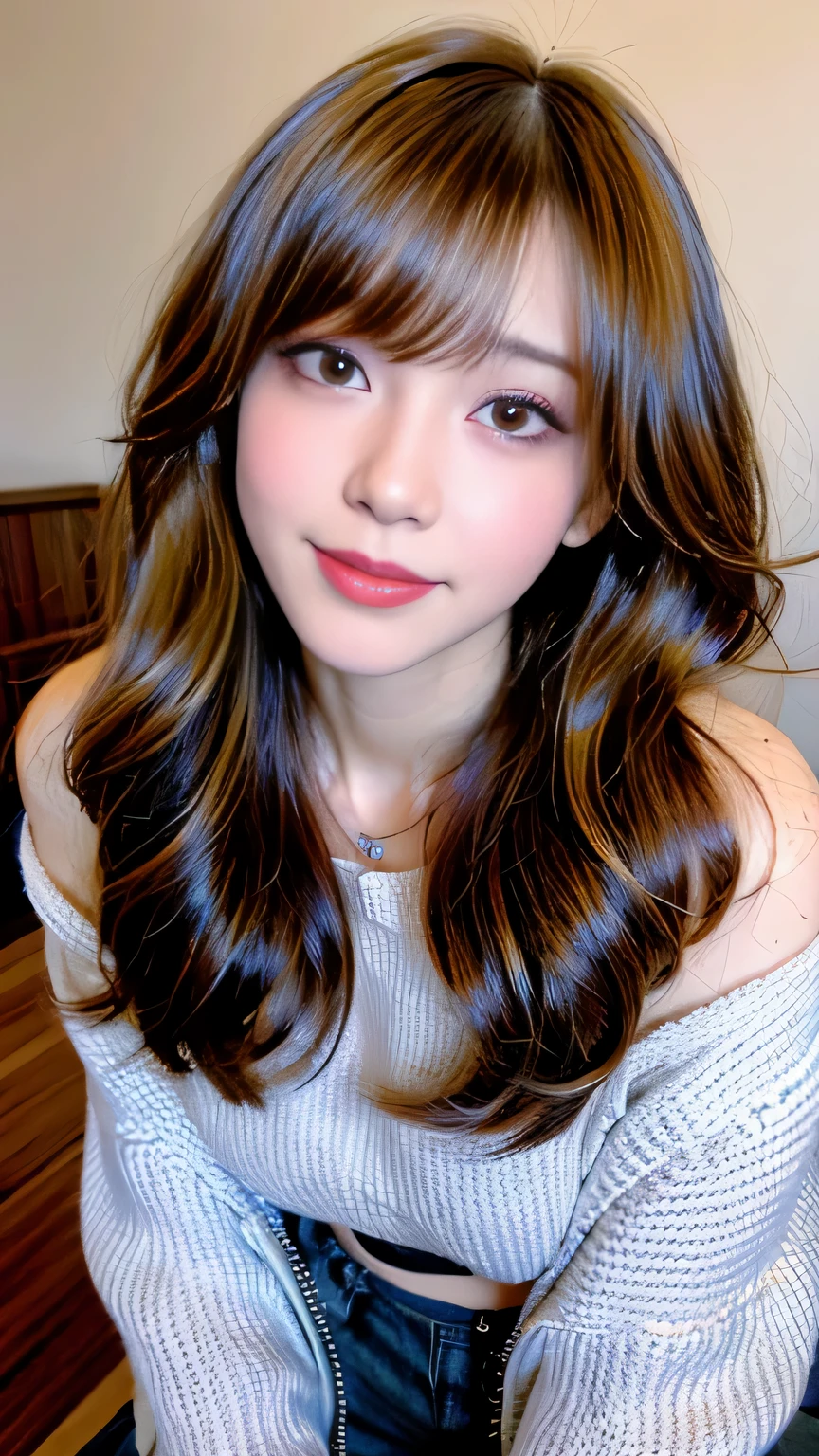 Full body angle、((highest quality、8K、Masterpiece: 1.3))、concentrate: 1.2、Cute Girl 1、Nipple erection、Full body angle、Braless walk、Perfect beauty: 1.4、Striped drop shoulder sweater: 1.2、Long sleeve、Randall Color、Comics&Text Graphics、Black ruffle trim drawstring zip blouse、1.1、Highly detailed face and skin textures、fine grain、double eyelid、Whitening skin、highest quality、Ultra-high resolution、you、One girl、one person、_Shiny skin、Iris、necklace、 ((Brown_length_Wavy_hair)),(lips))、eyelash、bangs、process、Correction、Shine、pores、Skin type、Big Breasts、smile、lively、