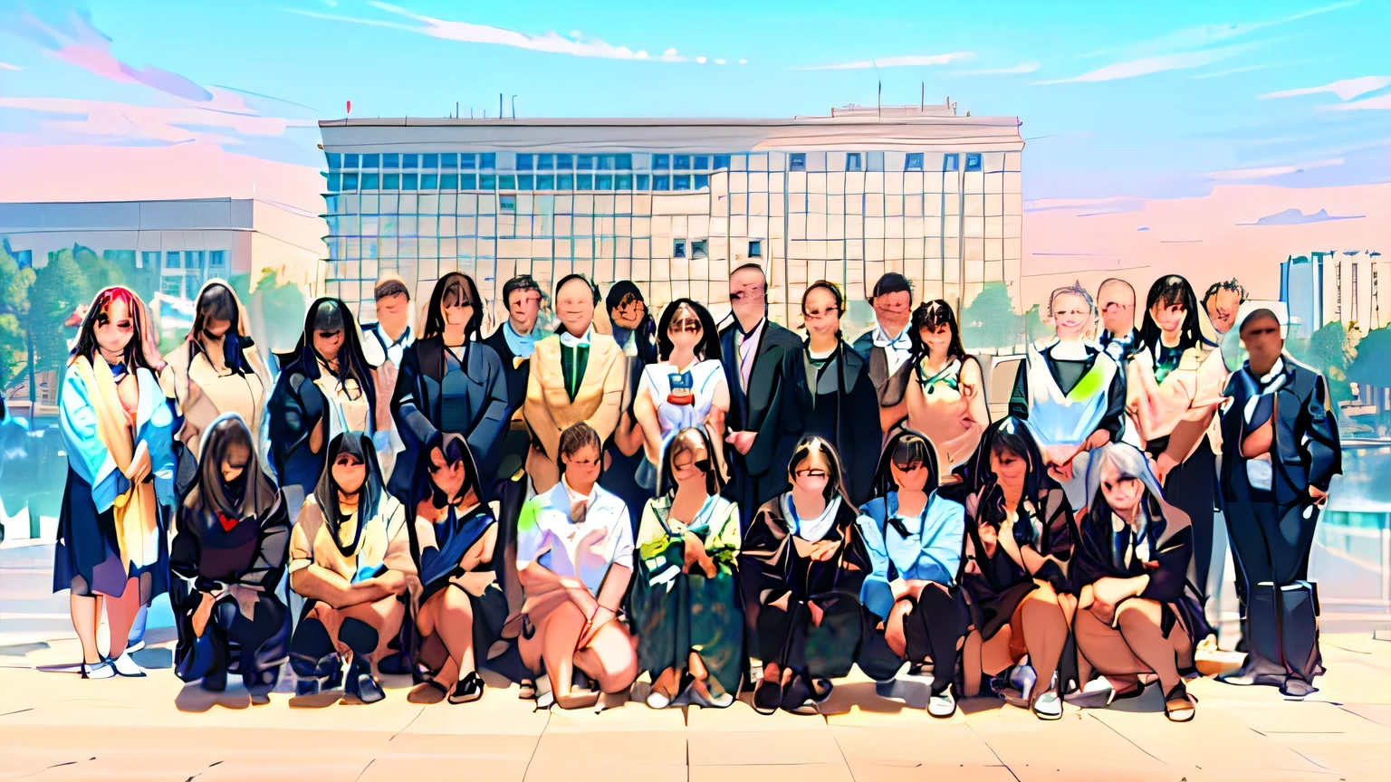 masterpiece, best quality, (Extremely detailed CG Unity 8K wallpaper), (best quality), (Best Illustration), (The best shadow), Group photo of 40 people，teacher，business attire，Between 30 and 50 years old，10 male teachers，30 female teachers，Animation effects