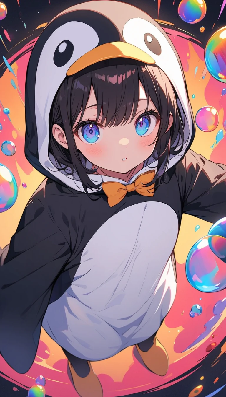 ((Wearing a penguin costume)), girl、cute、Penguin Parade、(highest quality、masterpiece、High resolution、detailed)、animeスタイル、Flat Style、(Beautiful Eyes, Delicate and beautiful face,), BREAK,girl1人、extremely detailed(The Shining), Best lighting, Best Shadow、floating, (High saturation), (Colorful Splash), Colorful bubbles, (Shine), Focus on the face, Dynamic Angle、anime、Pop Background