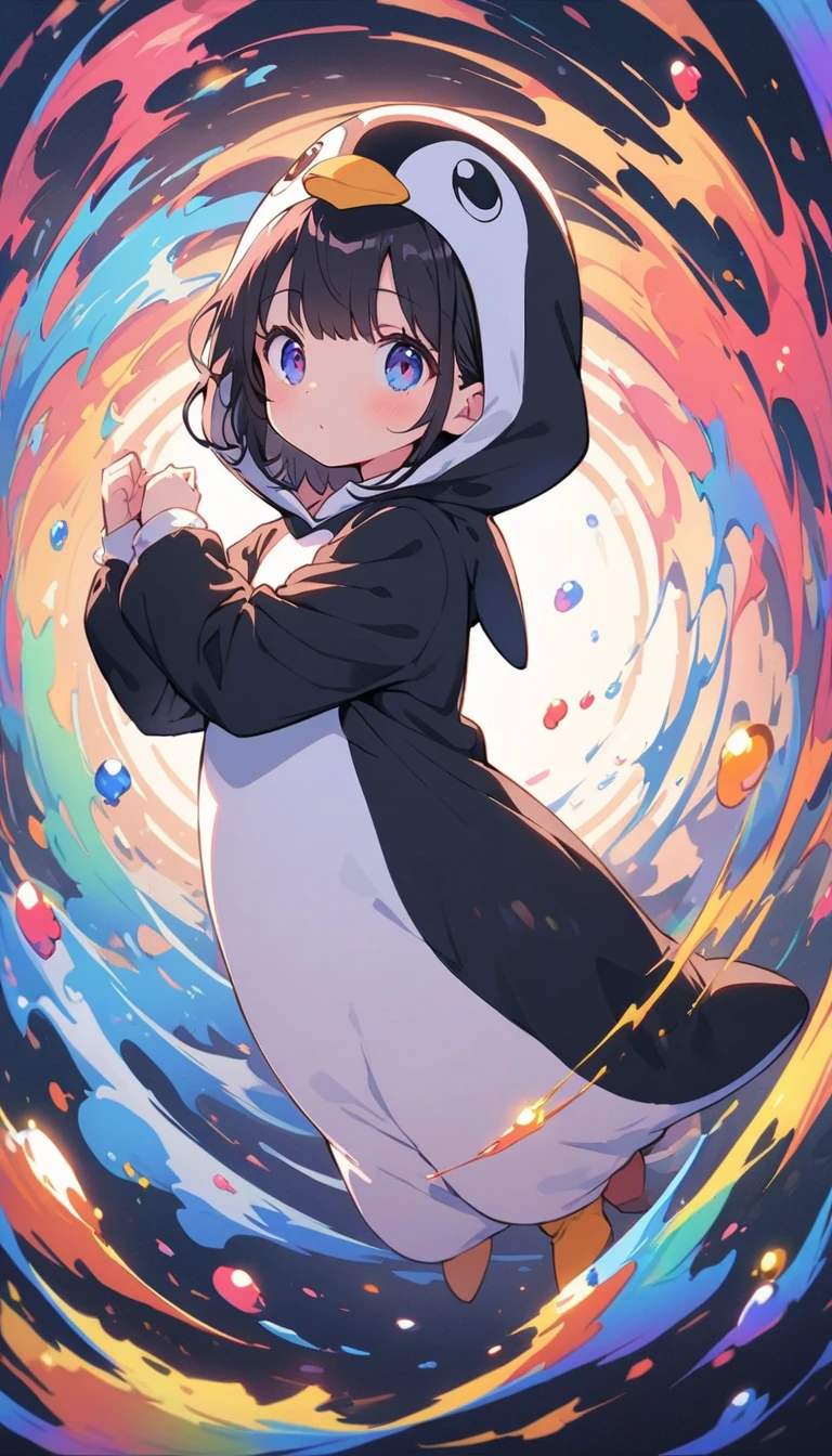 ((Wearing a penguin costume)), girl、cute、Penguin Parade、(highest quality、masterpiece、High resolution、detailed)、animeスタイル、Flat Style、(Beautiful Eyes, Delicate and beautiful face,), BREAK,girl1人、extremely detailed(The Shining), Best lighting, Best Shadow、floating, (High saturation), (Colorful Splash), Colorful bubbles, (Shine), Focus on the face, Dynamic Angle、anime、Pop Background