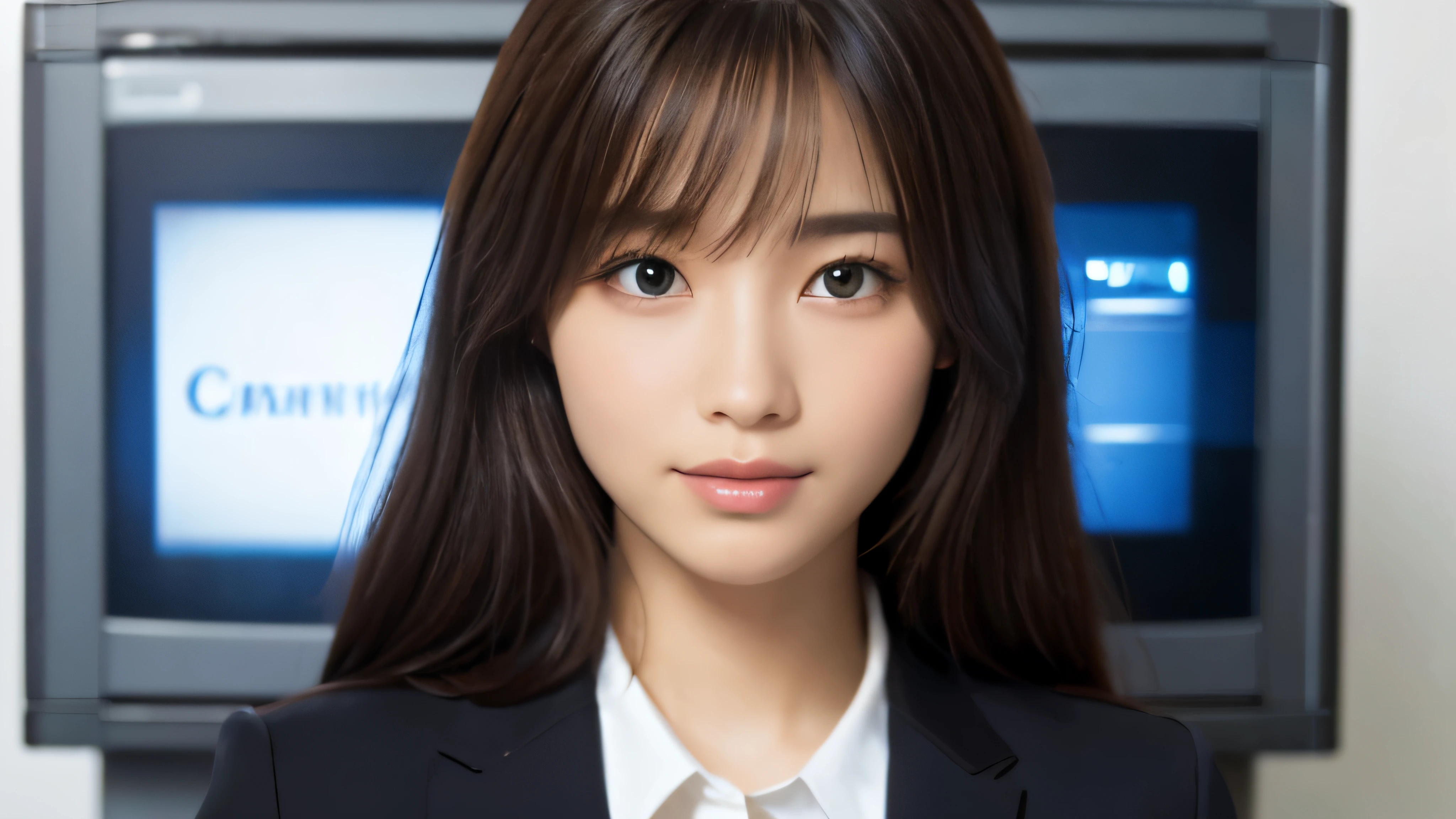 (Realistic: 1.4), (highest quality: 1.4), (Fine grain), Full body shot, ((White background)), ((Looking at a computer)), ((One young woman)), Black wavy hair, ((suit)), Wide eyes, Blushed face, ((smile)), ((Operating a computer)), Highly detailed face and skin texture, Healthy Skin, 8k resolution