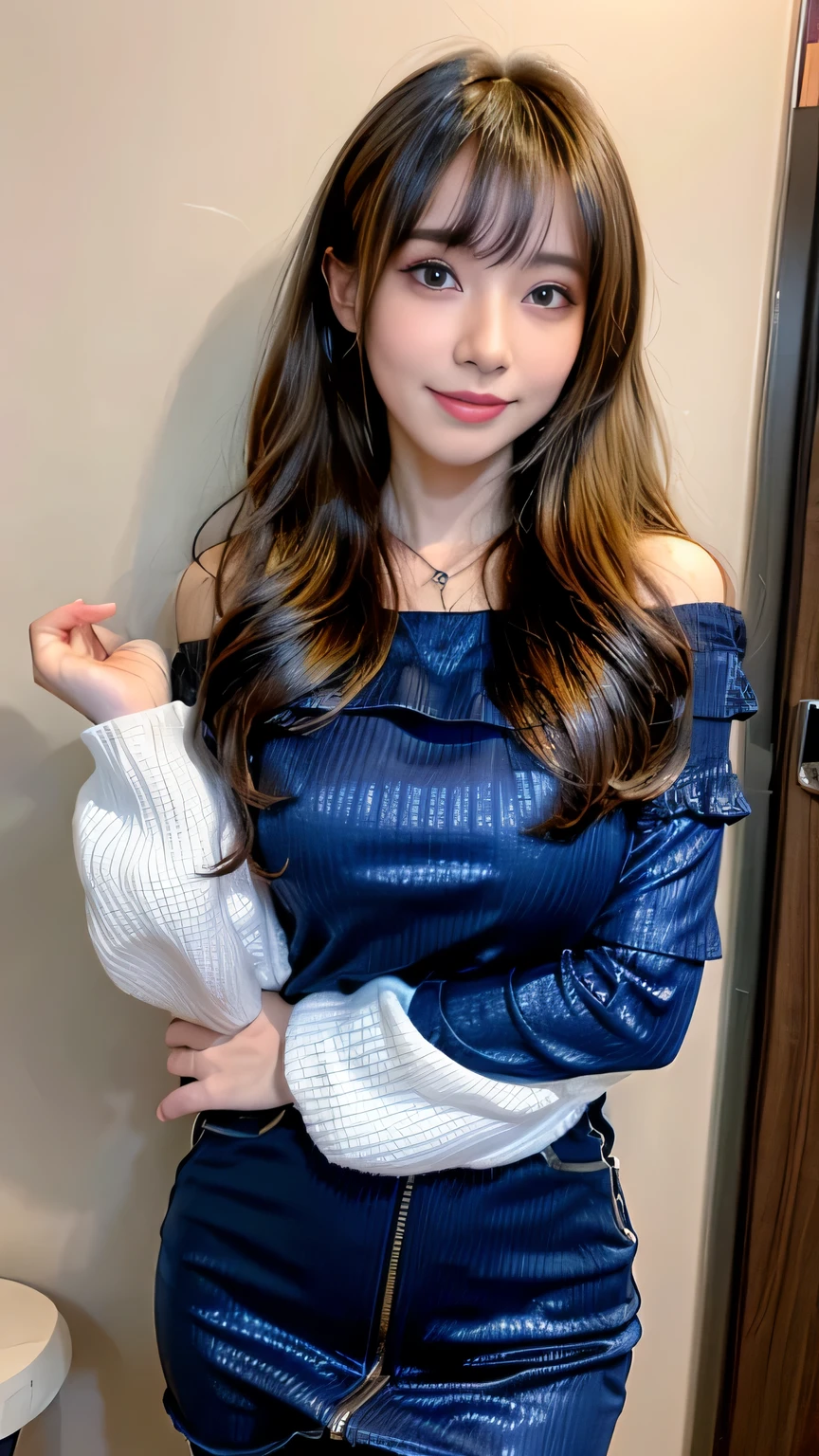 Full body angle、((highest quality、8K、Masterpiece: 1.3))、concentrate: 1.2、Cute Girl 1、Nipple erection、Full body angle、Braless walk、Perfect beauty: 1.4、Striped drop shoulder sweater: 1.2、Long sleeve、Randall Color、Comics&Text Graphics、Black ruffle trim drawstring zip blouse、1.1、Highly detailed face and skin textures、fine grain、double eyelid、Whitening skin、highest quality、Ultra-high resolution、you、One girl、one person、_Shiny skin、Iris、necklace、 ((Brown_length_Wavy_hair)),(lips))、eyelash、bangs、process、Correction、Shine、pores、Skin type、Big Breasts、smile、lively、