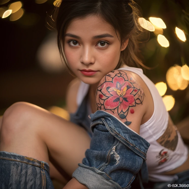 ((best quality, 8k,, Clear face focus :,White tattoo 25 years. Wearing old, torn jeans.,) Thin dark red T-shirt,) perfect body beauty:1.4. In front of the camera. More intimate , In the heart of the community There are red, yellow, pink flowers.,around,) Night, colorful lights, bright ) Full Body°, Highly detailed faces and textures, Detailed eyes, alone, Realistic photos:1.37 .. The fine texture of the tattooed skin.. hand tattoo. breasts tattoo , Shot with a high quality Fuji camera., Color light 45.,000,000 pixels ,)) Too realistic,)