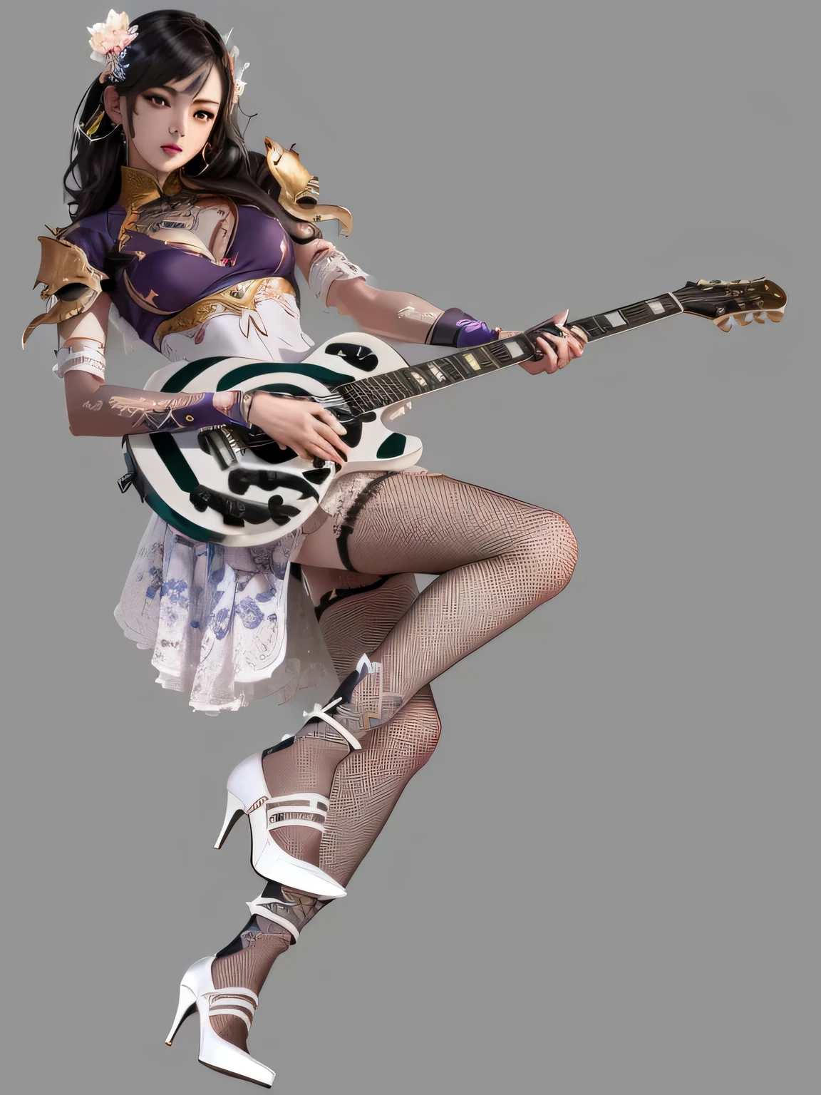 araffe in an outfit with a guitar and high heels, full body xianxia, the guitar player, April Rendering, Misaki Juri, render of mirabel madrigal, Guitar concept art, Katana Zero video game character, yun ling, Faye Valentine, Propaganda Art, Inspired by Pu Hua, Full pose, High-quality rendering, guitar solo, Home,Science fiction,future ,high tech