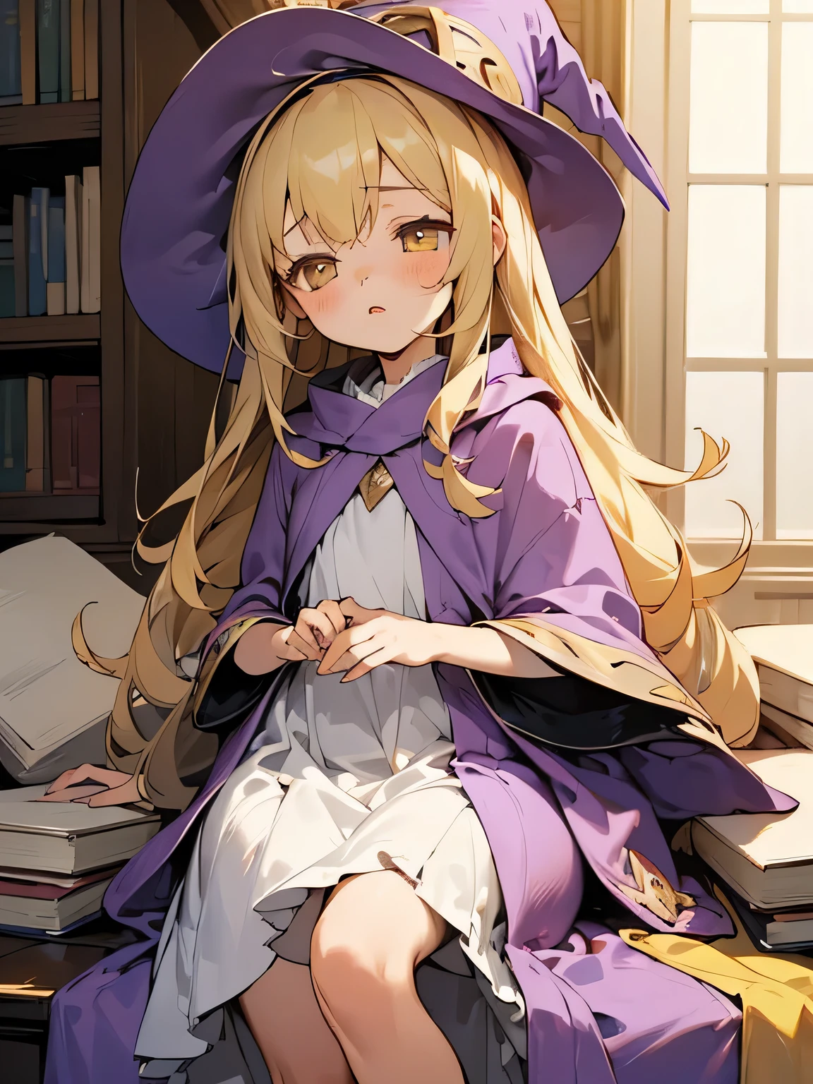 ((Masterpiece)), (((best quality))), hips wide open, Yellow eyes, long blonde hair, (( shot White sleeping dress)), purple robe, ((purple wizard hat)), (()), (shy), (loves books),