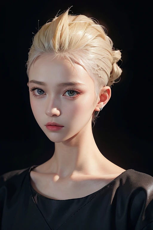 20 year old woman、blonde、(high top fade:1.3)、dark theme、black eyes、calm tone、calm colors、high contrast、(natural skin texture、hyper realism、soft light、sharp)