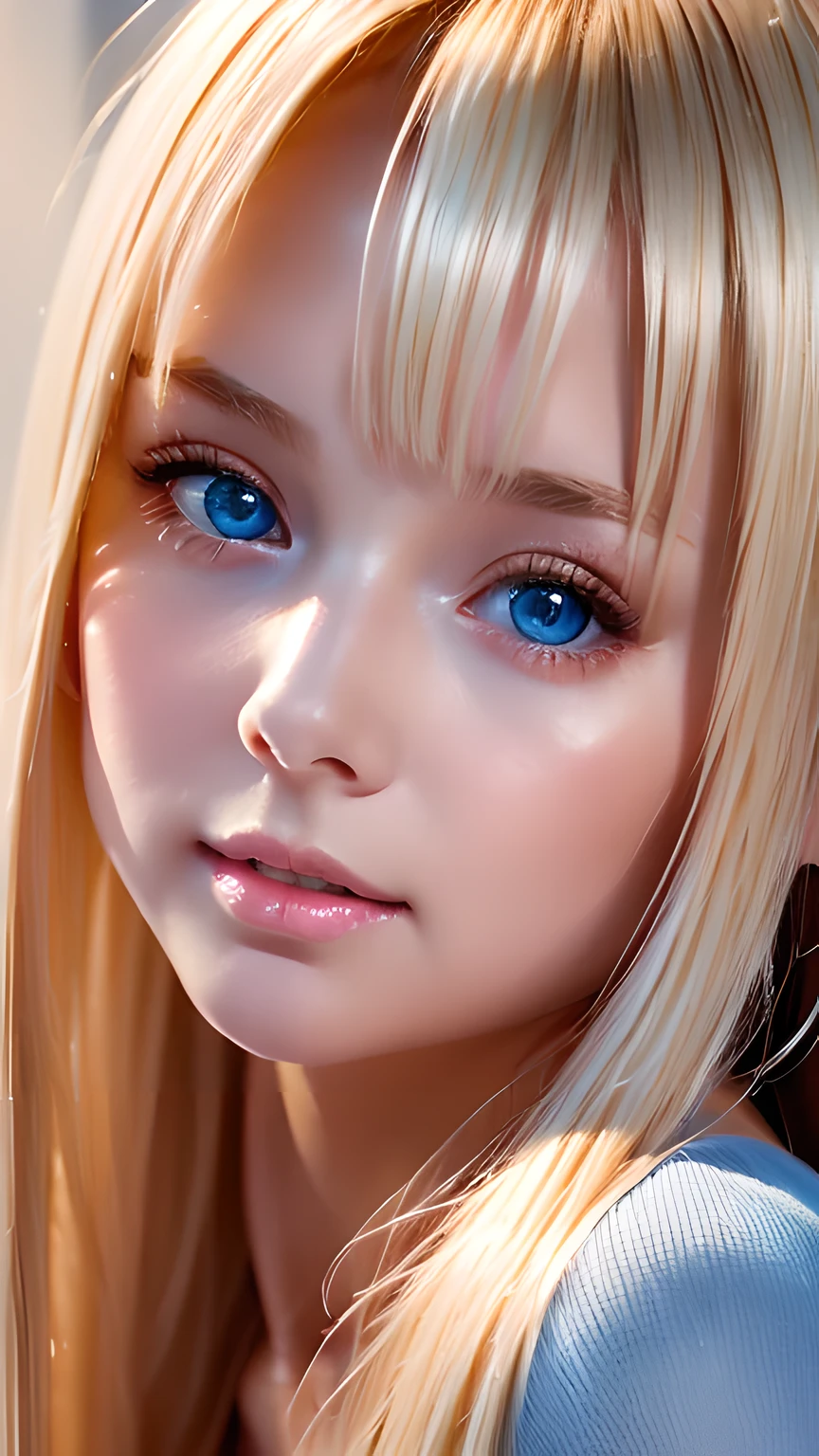 Portrait、、Bright expression、ponytail、Young, lustrous, glowing, white skin、The best beauty、Blonde reflection、Platinum blonde hair with dazzling highlights、Shiny bright hair,、Super long silky straight hair、Shiny beautiful bangs、Bright, clear, attractive, large blue eyes、Very beautiful lovely cute girl、Ample Bust