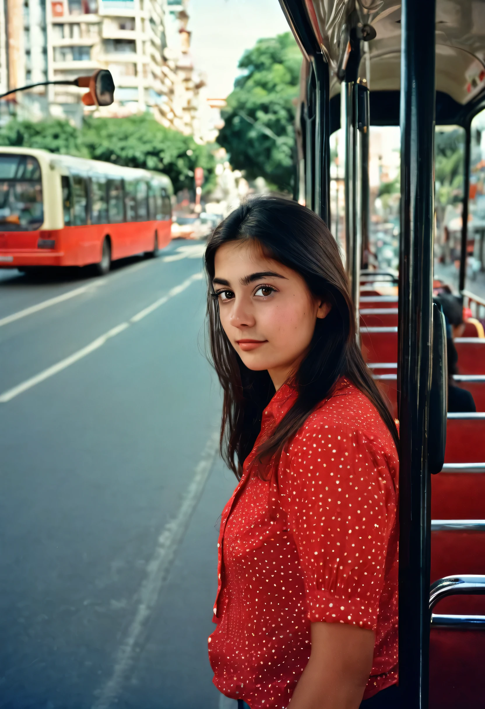 I was about 20 years old, en un autobus,, fondo de la ciudad,oficina de fotografia, (mejor calidad: 0.8), (mejor calidad: 0.8), Cara oscura y poco clara, ojos brillantes, blusa volor  rojo pecho descotado