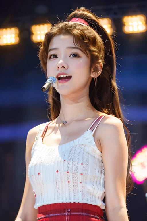 highest quality, Photorealistic, Very detailed, finely, High resolution, 8K Wallpaper, Professional, High level of detail,Detailed clavicle, Mid-chest、Perfect pretty face、Perfect pretty eyes、Cute eyelashes、(Idols singing on the big stage:1.5)、(Cute 14 year old girl:1.5)、Cute idol costume with mini skirt

