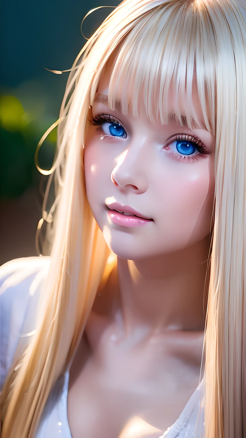 Portrait、、Bright expression、ponytail、Young, lustrous, glowing, white skin、The best beauty、Blonde reflection、Platinum blonde hair with dazzling highlights、Shiny bright hair,、Super long silky straight hair、Shiny beautiful bangs、Bright, clear, attractive, large blue eyes、Very beautiful lovely cute 16 year old girl、Ample Bust