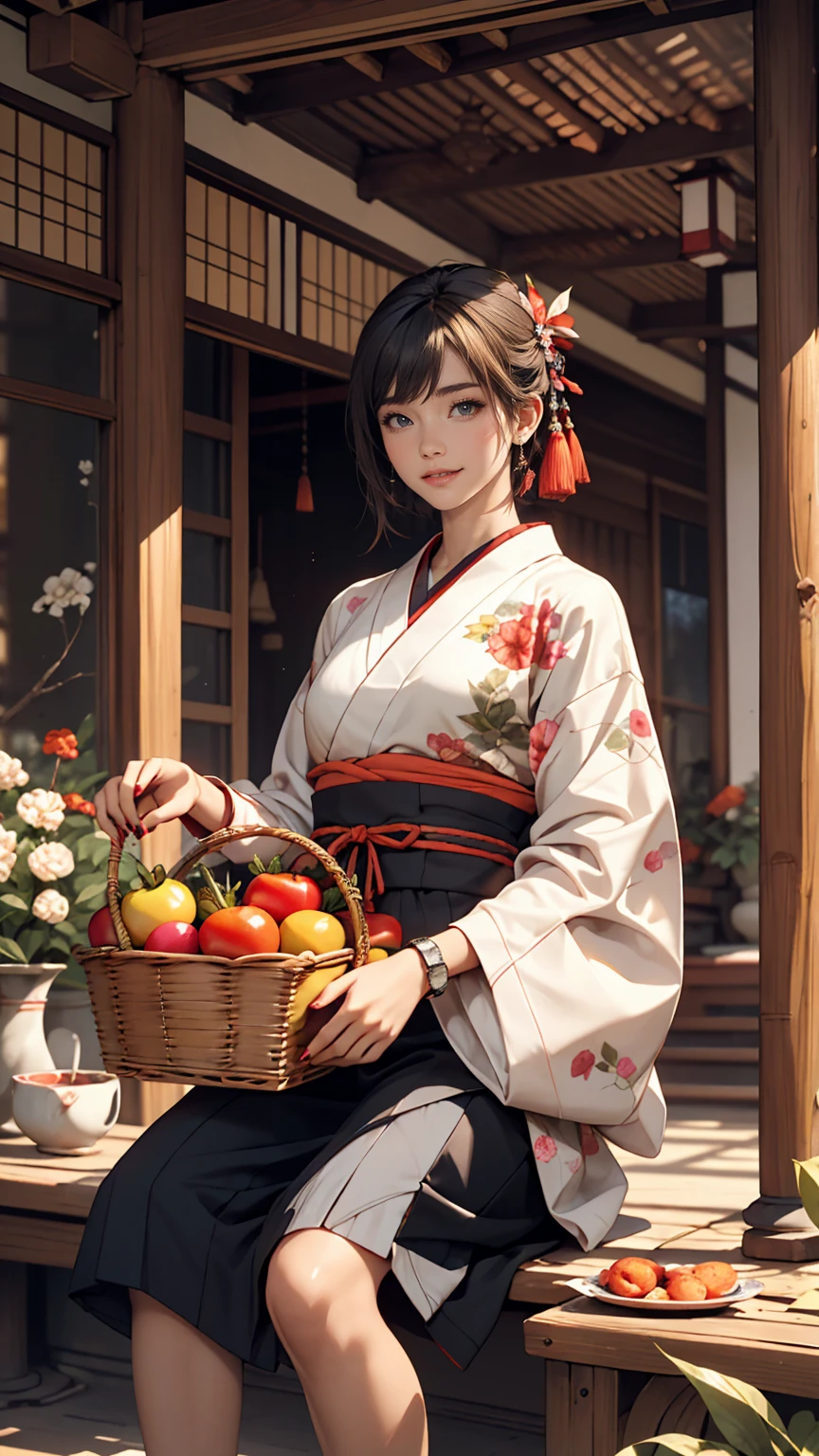 ((最high quality, 8K, masterpiece: 1.3, Ultra HD, high quality, 最high quality, High resolution, realism)) 、A stunningly beautiful 22-year-old Japanese woman、hair color is black、Iriedium Hair、Straight Hair、smile、Fashion model body type、I want my head to stay off screen、Wearing accessories on the wrist、Wearing red nail polish、I have a peticure、Sitting on the veranda of a Japanese house in the Japanese countryside、It&#39;s summer、A wind chime is hung in front of the eaves.、barefoot、There is a basket full of tomatoes and carrots on the veranda.、The basket is made of woven bamboo strips、A courtyard spreads out in front of the verandah.、There is a well with a hand pump in the courtyard.、Wear a yukata、smile((smile))、hair band((hair ribbon))