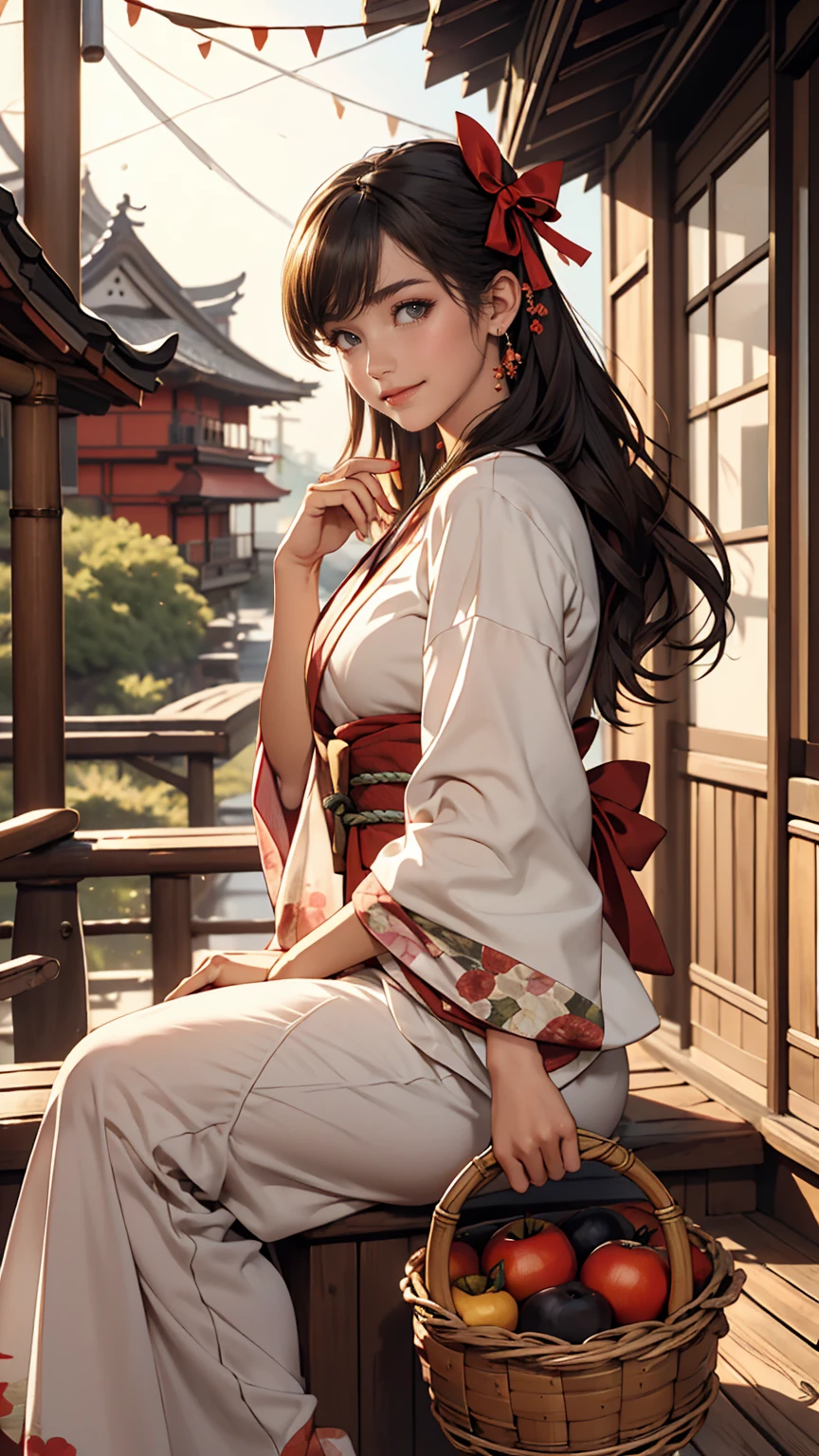 ((最high quality, 8K, masterpiece: 1.3, Ultra HD, high quality, 最high quality, High resolution, realism)) 、A stunningly beautiful 22-year-old Japanese woman、hair color is black、Iriedium Hair、Straight Hair、smile、Fashion model body type、I want my head to stay off screen、Wearing accessories on the wrist、Wearing red nail polish、I have a peticure、Sitting on the veranda of a Japanese house in the Japanese countryside、It's summer、A wind chime is hung in front of the eaves.、barefoot、There is a basket full of tomatoes and carrots on the veranda.、The basket is made of woven bamboo strips、A courtyard spreads out in front of the verandah.、There is a well with a hand pump in the courtyard.、Wear a yukata、smile((smile))、hair band((hair ribbon))
