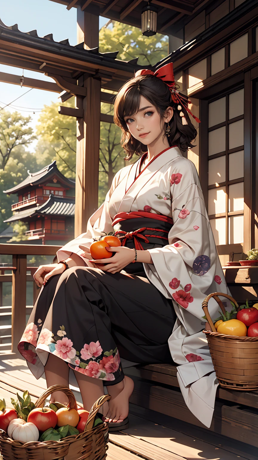 ((最high quality, 8K, masterpiece: 1.3, Ultra HD, high quality, 最high quality, High resolution, realism)) 、A stunningly beautiful 22-year-old Japanese woman、hair color is black、Iriedium Hair、Straight Hair、smile、Fashion model body type、I want my head to stay off screen、Wearing accessories on the wrist、Wearing red nail polish、I have a peticure、Sitting on the veranda of a Japanese house in the Japanese countryside、It&#39;s summer、A wind chime is hung in front of the eaves.、barefoot、There is a basket full of tomatoes and carrots on the veranda.、The basket is made of woven bamboo strips、A courtyard spreads out in front of the verandah.、There is a well with a hand pump in the courtyard.、Wear a yukata、smile((smile))、hair band((hair ribbon))