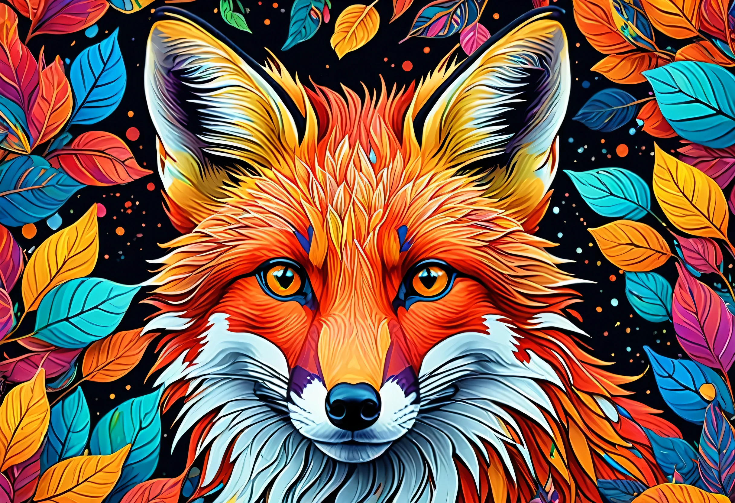 A red fox with colorful paint on its face and leaves, vector art：Zahari Zograf, Trending on Pexels, psychedelic art, Rich in color and detail, A complex and colorful masterpiece, art：Alessandro Pautasso, very complex and colorful, colorful hd images, A colorful and intricate masterpiece, High quality HD digital art, great digital art, very colorful