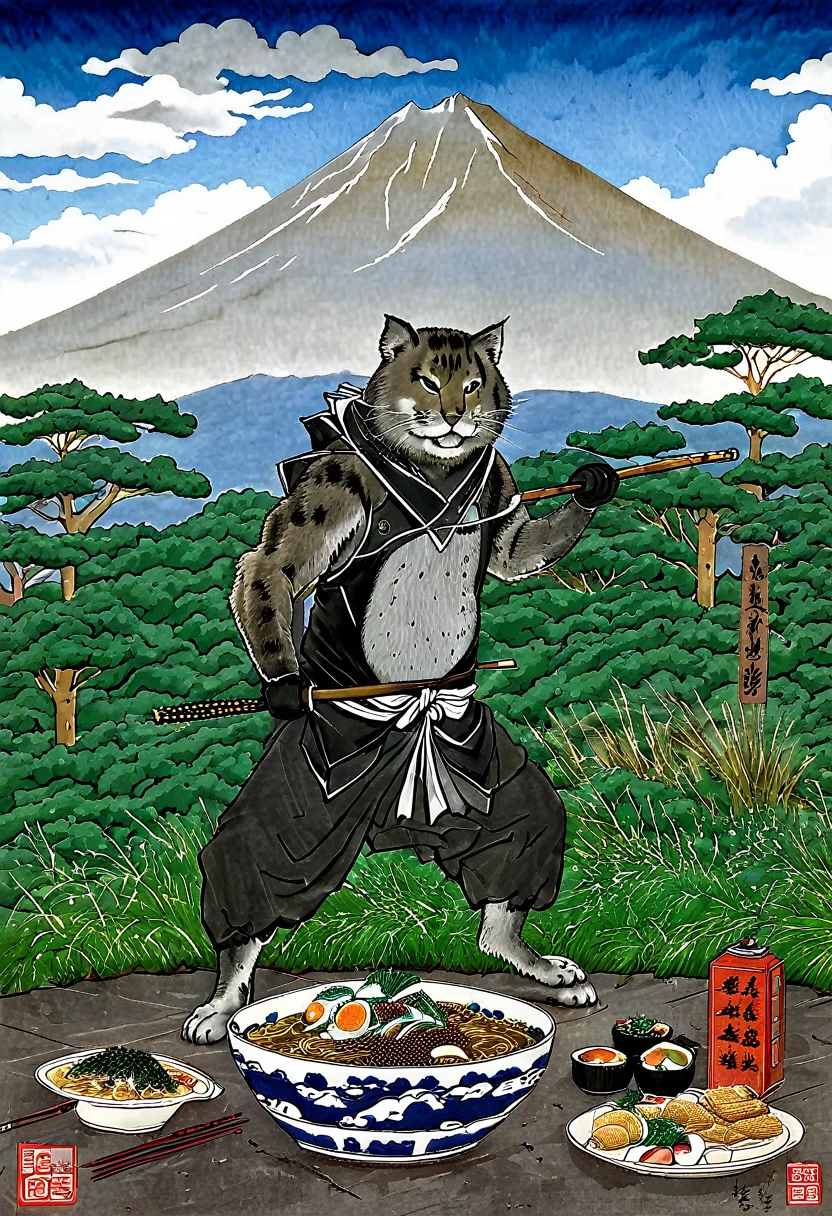 A photorealistic image in the style of a water-ink painting that captures the essence of Japanese Ukiyo-e art. The subject is an anthropomorphic kemono feline dressed as a samurai eating a bowl of ramen, against a backdrop of clouds or perhaps Mount Fuji. The paper should have an aged, vintage look to give a sense of historical depth. The color palette should be subdued, with low saturation to mimic the traditional Ukiyo-e style. The lines should be fluid and elegant. The atmosphere should be serene.