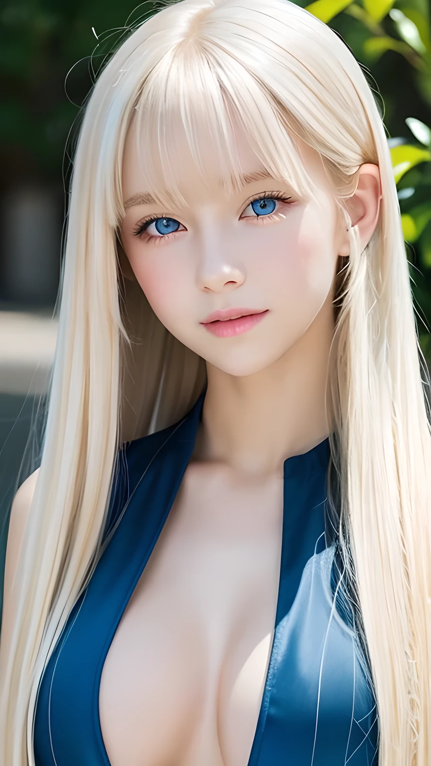 Portrait、、Bright expression、ponytail、Young, lustrous, glowing, white skin、The best beauty、Blonde reflection、Platinum blonde hair with dazzling highlights、Shiny bright hair,、Super long silky straight hair、Shiny beautiful bangs、Bright, clear, attractive, large blue eyes、Very beautiful lovely cute 16 year old girl、Ample Bust